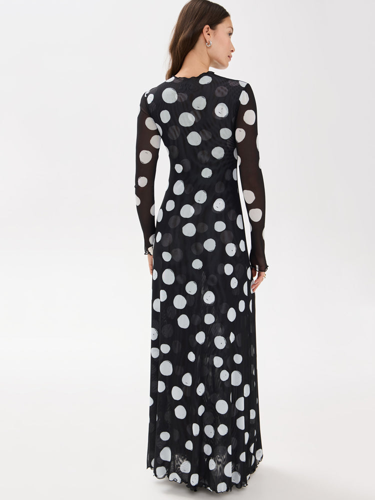 Ruffled-Edge Polka Dot Mesh Maxi Dress