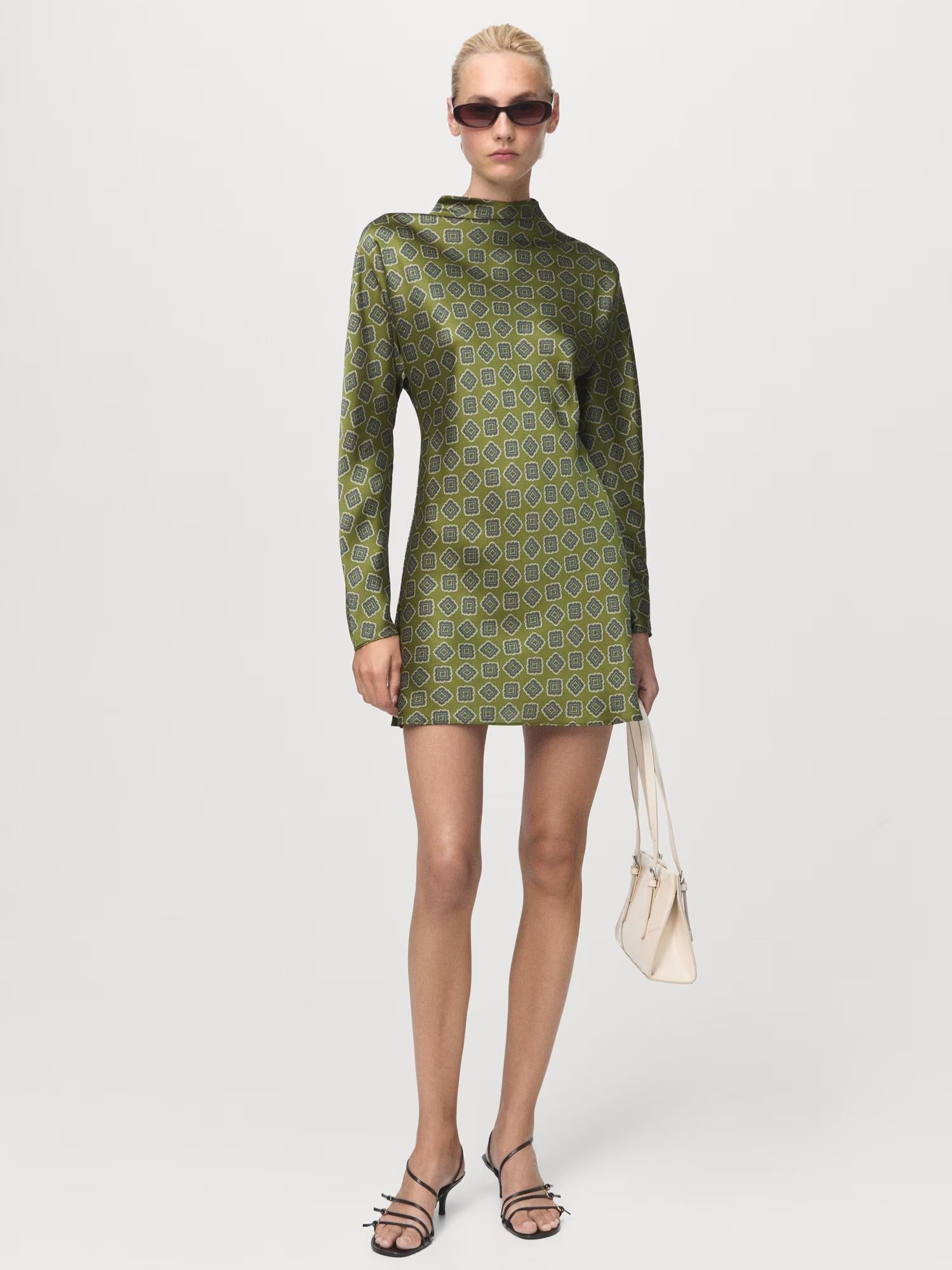 Perkins Collar Satin Printed Mini Dress