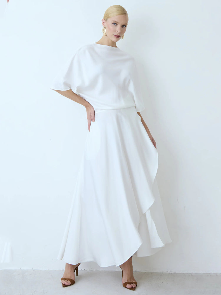 Asymmetric Cape-Shoulder Wrap Midi Dress