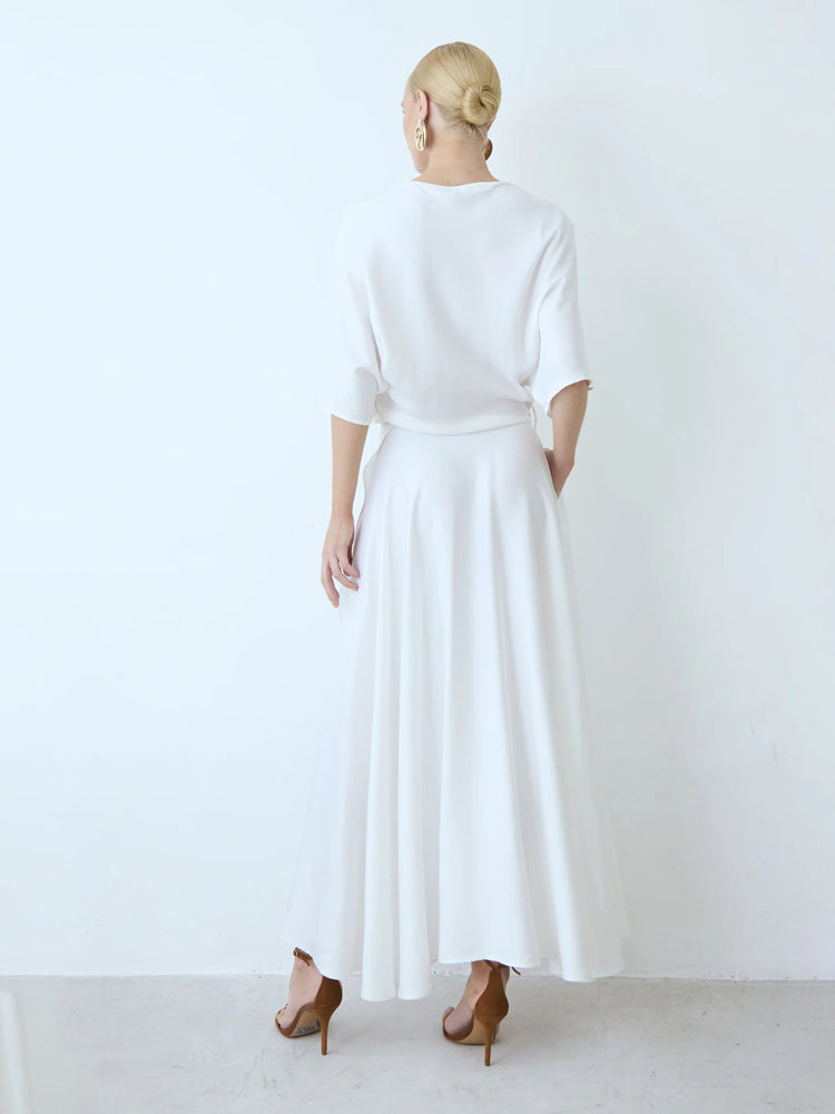 Asymmetric Cape-Shoulder Wrap Midi Dress