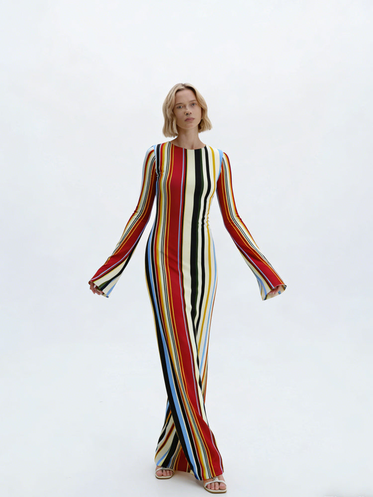 Rainbow Striped Knitted Long Dress