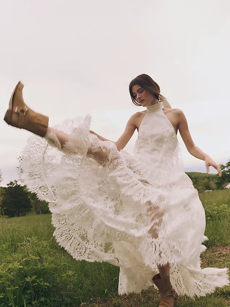 Lace Off-Shoulder Ruffled Maxi Dress