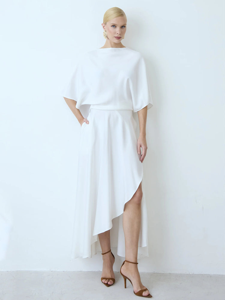 Asymmetric Cape-Shoulder Wrap Midi Dress