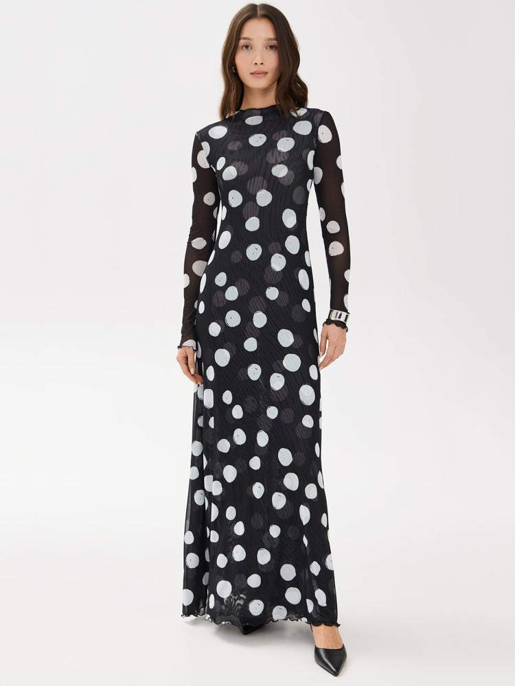 Ruffled-Edge Polka Dot Mesh Maxi Dress