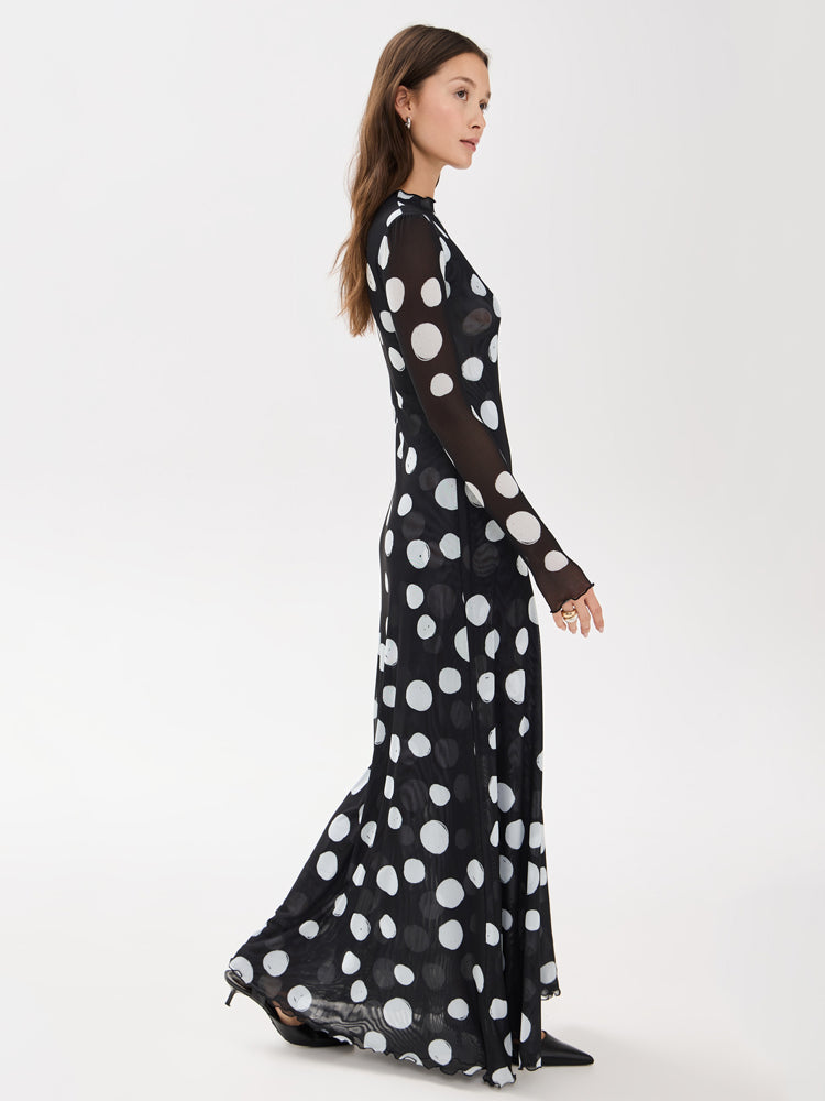 Ruffled-Edge Polka Dot Mesh Maxi Dress