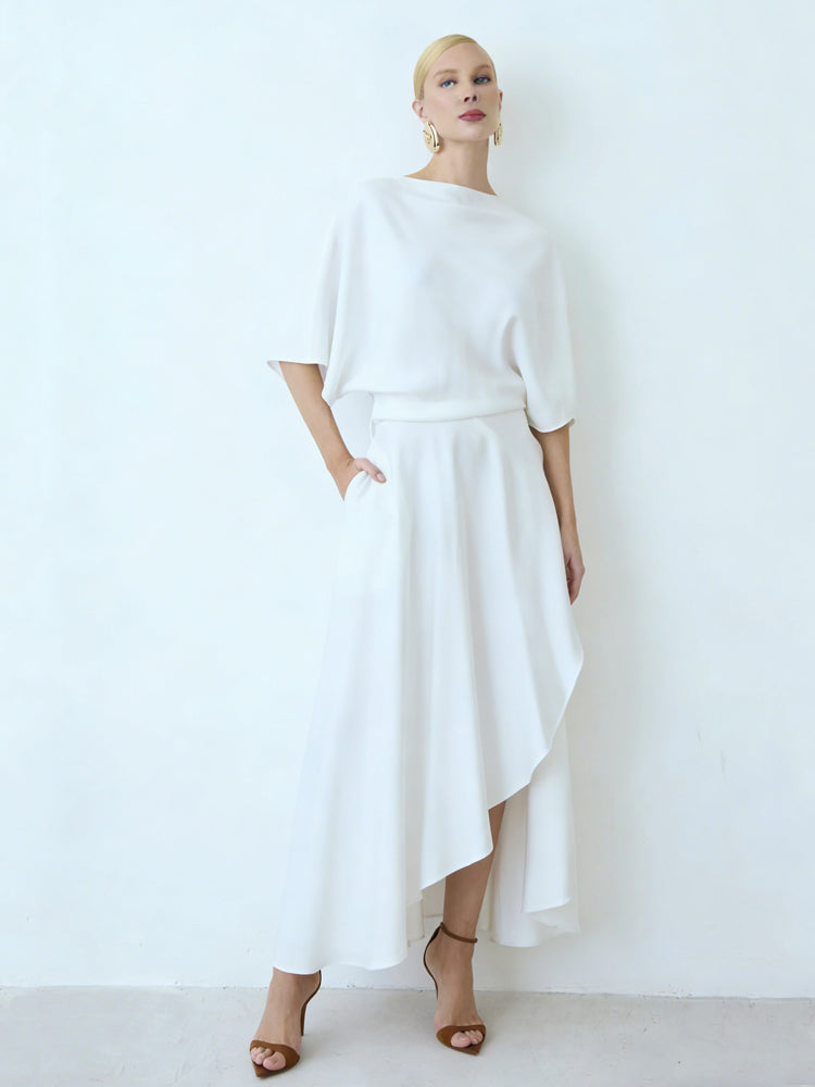 Asymmetric Cape-Shoulder Wrap Midi Dress