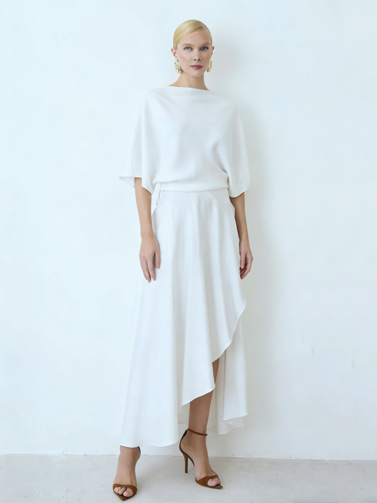 Asymmetric Cape-Shoulder Wrap Midi Dress