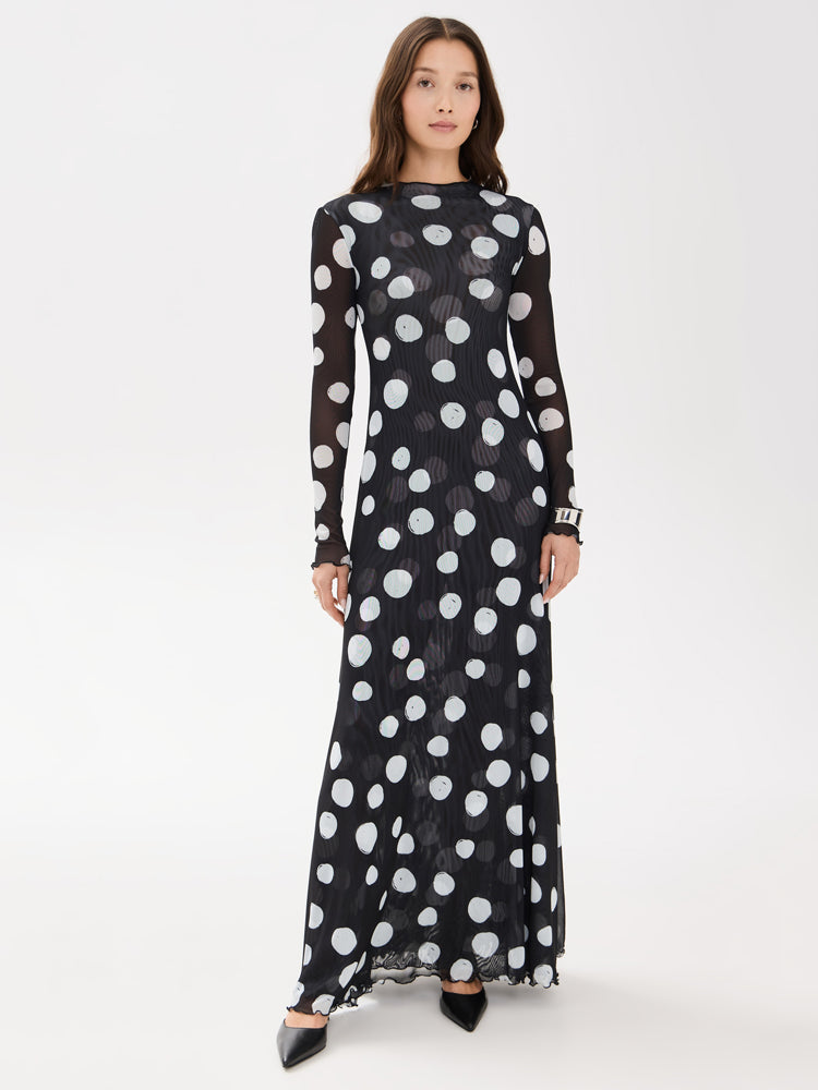 Ruffled-Edge Polka Dot Mesh Maxi Dress