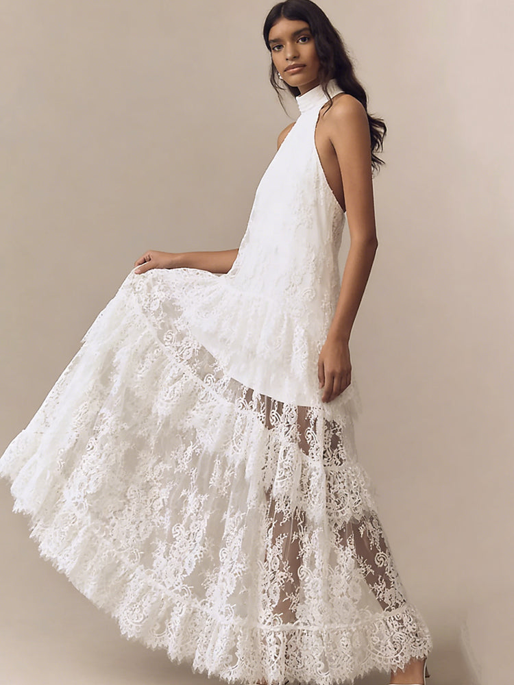 Lace Off-Shoulder Ruffled Maxi Dress