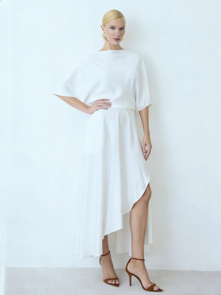 Asymmetric Cape-Shoulder Wrap Midi Dress