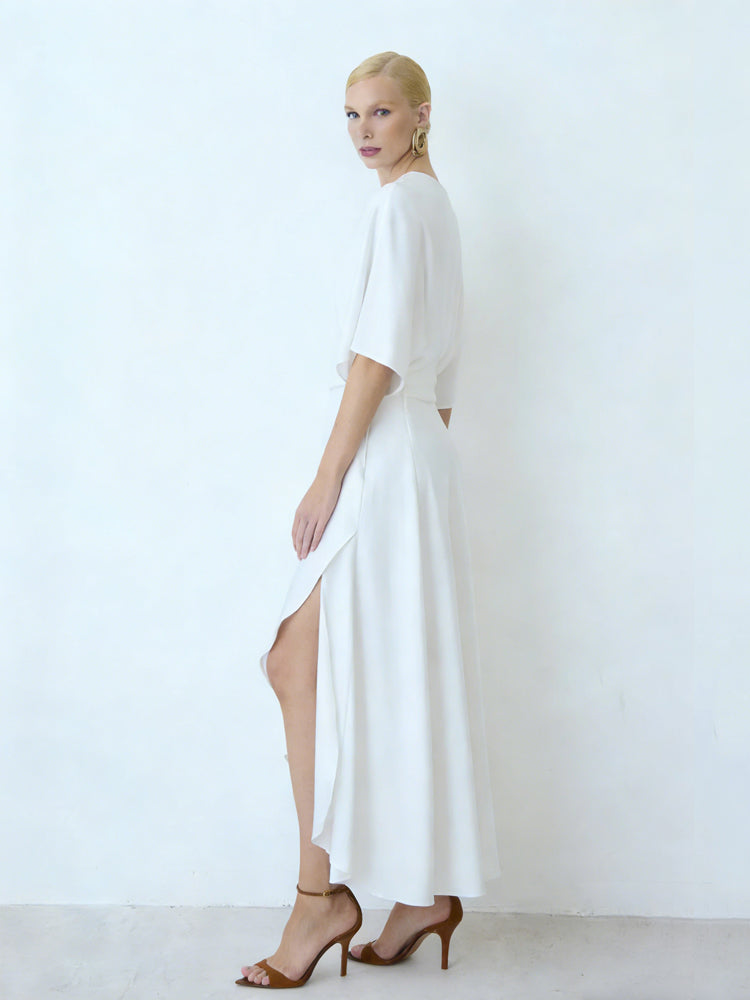 Asymmetric Cape-Shoulder Wrap Midi Dress