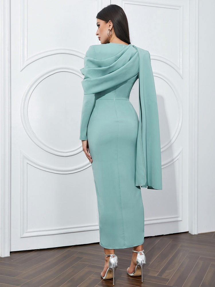 Asymmetric Long Sleeve Belted Dress