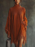 Orange corduroy loose tassel hem high collar dress