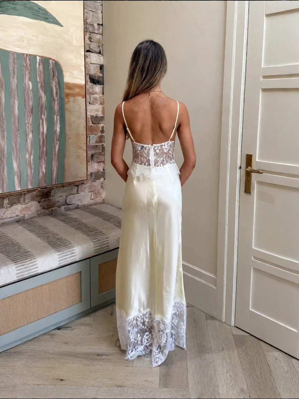 Satin & Lace Spliced V-Neck Maxi Dress